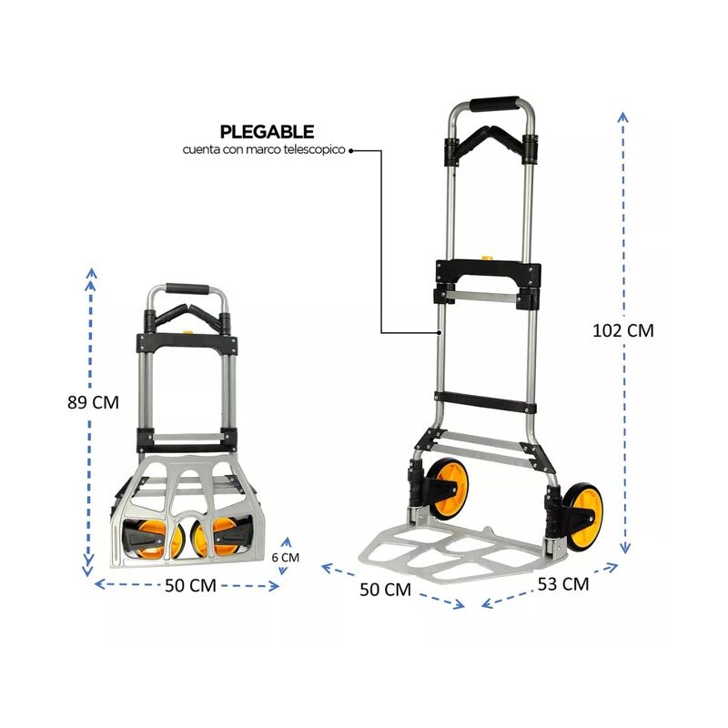 GENERICO - Carro Plegable Tipo Yegua Con Asa Acero 150 Kg 52x50x115 Cm