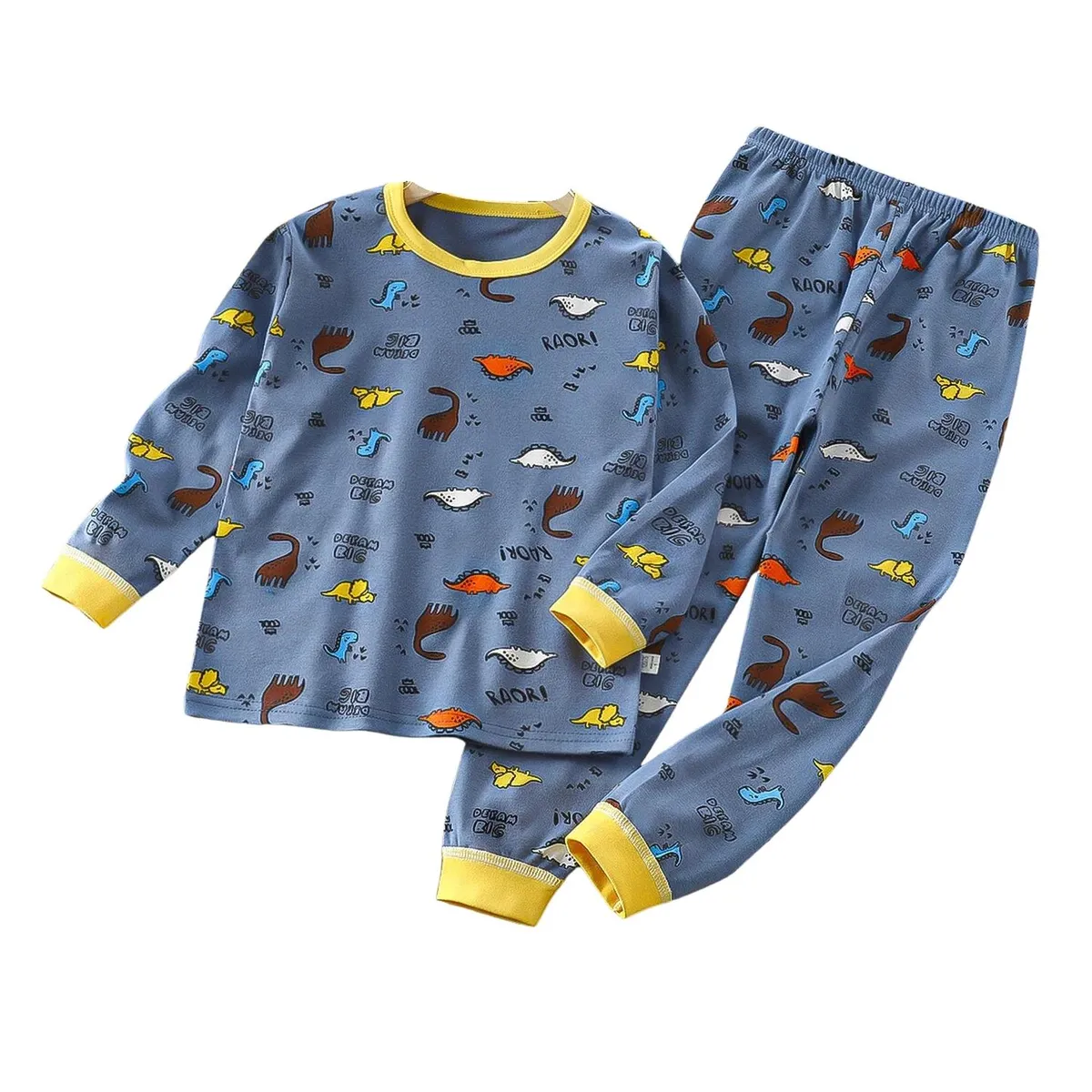 KIVARA - Pijama Niño Infantil Manga Larga Algodon Azul Con Dinos