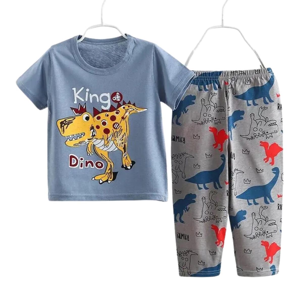 KIVARA - Pijama Pantalon Largo Manga Corta Niño Algodón King Dino