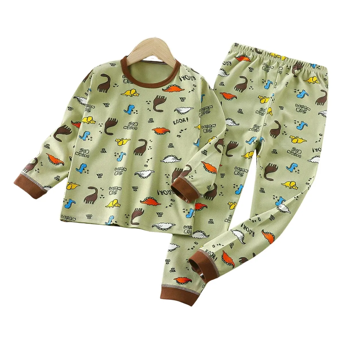 KIVARA - Pijama Niño Infantil Manga Larga Algodon Verde Con Dinos