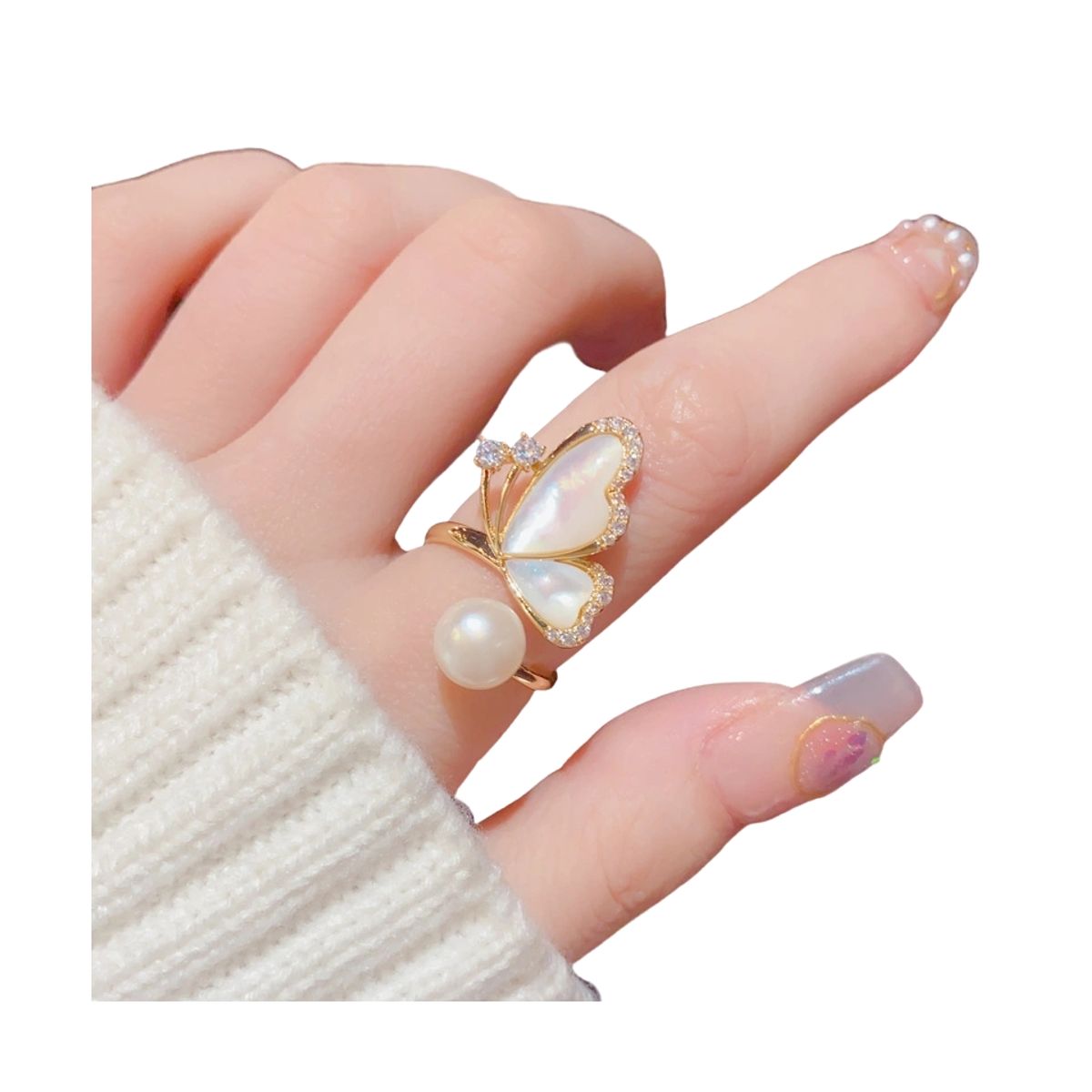 ZG JOYAS - Anillo Mariposa Galvanizado En Oro 14k Perla Circón Nácar Mujer