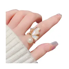 ZG JOYAS - Anillo Mariposa Galvanizado En Oro 14k Perla Circón Nácar Mujer