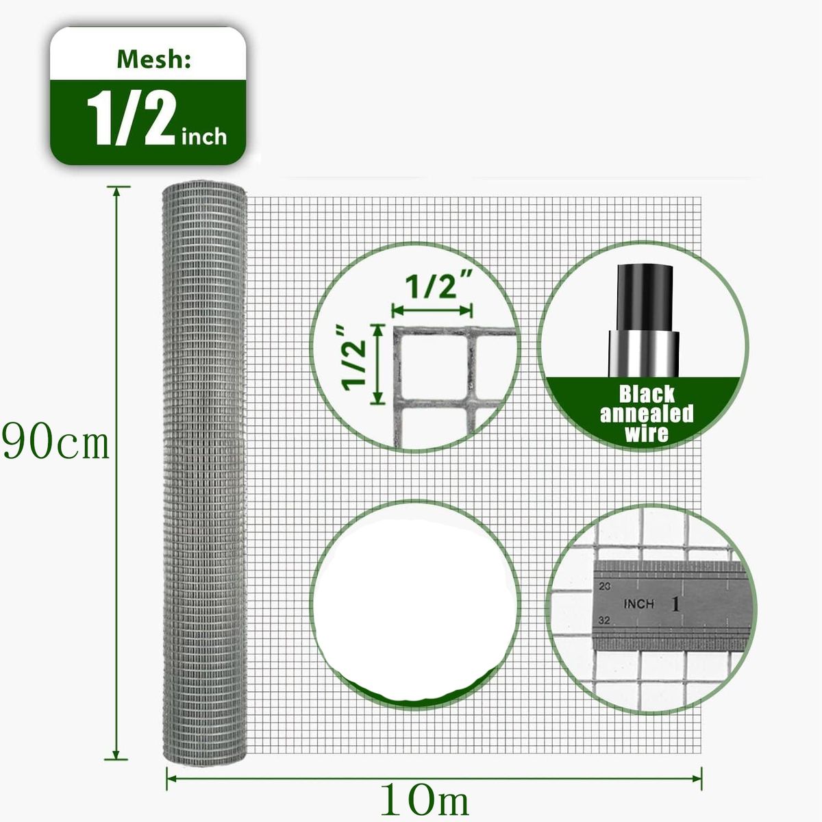 KUANGYE - Malla Soldada Galvanizada 12 90cm Alto X 10mt Largo