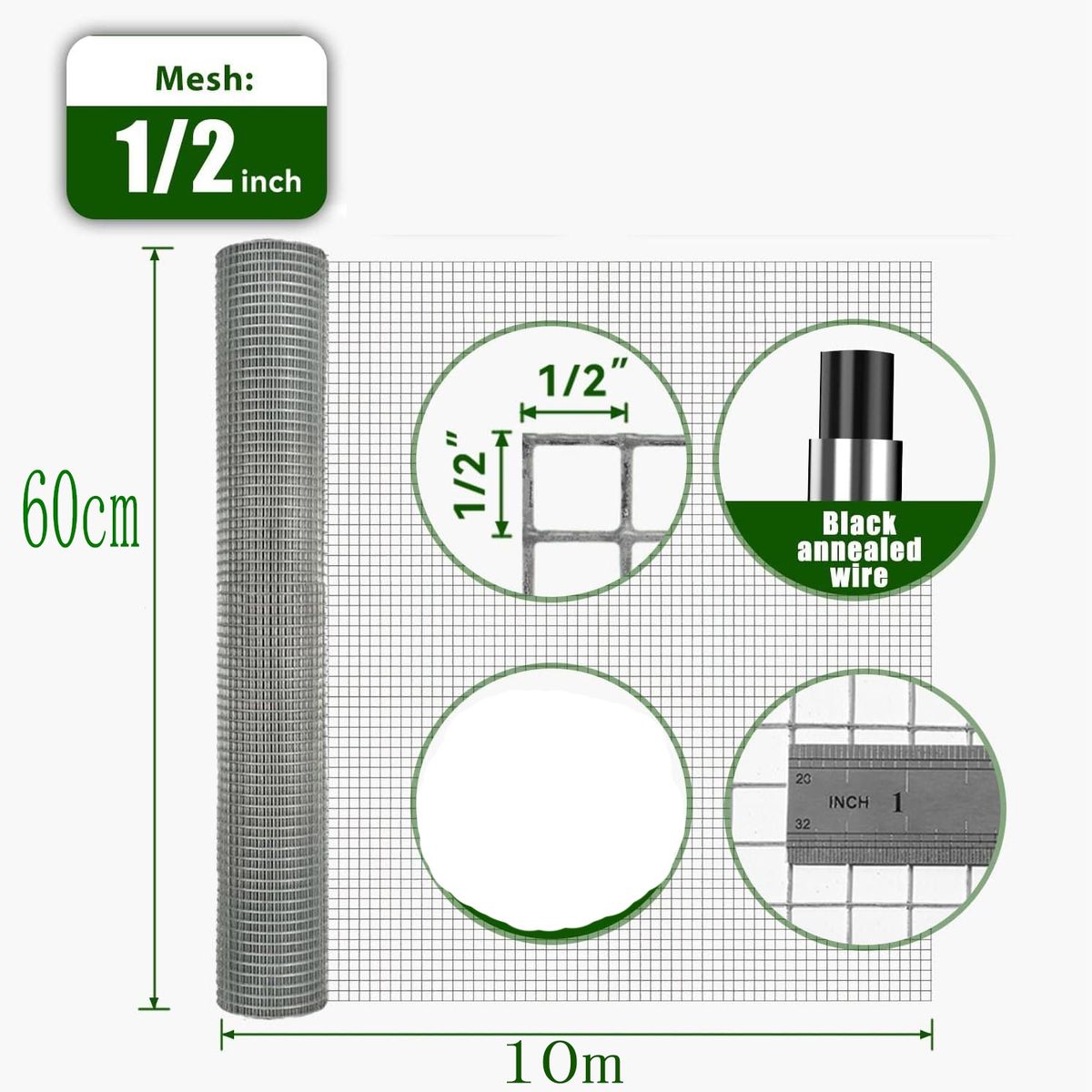 KUANGYE - Malla Jardín Soldada Galvanizada Alto 60cms Largo 10mtrs