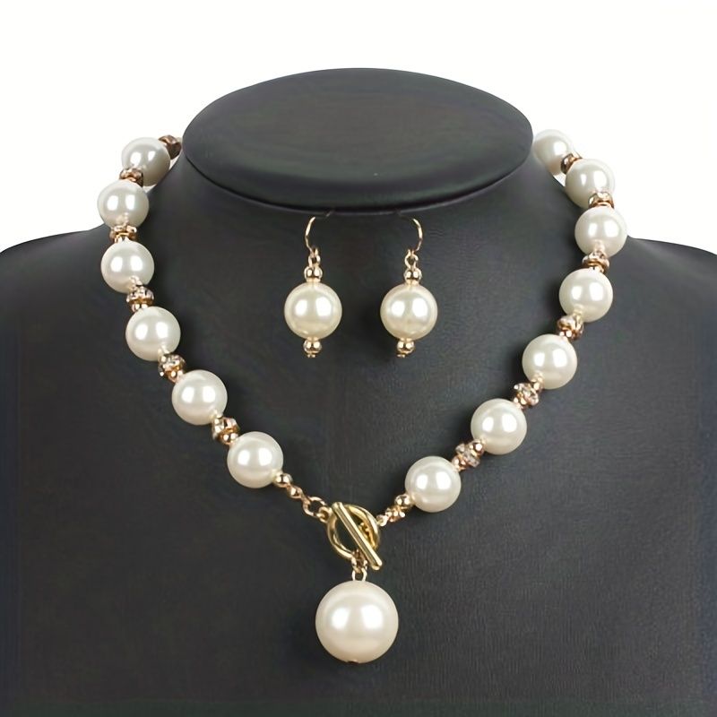 VATYERTY - Pack collar y aros de perlas artificiales chapadas en oro