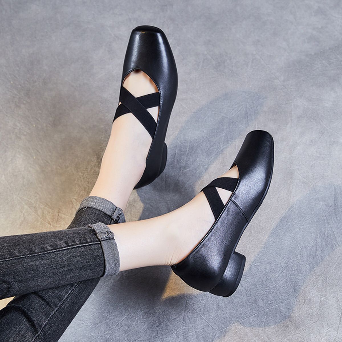 VATYERTY - Zapatos planos punta cuadrada mujer Zapatos sin cordones correas elásticas cruzadas