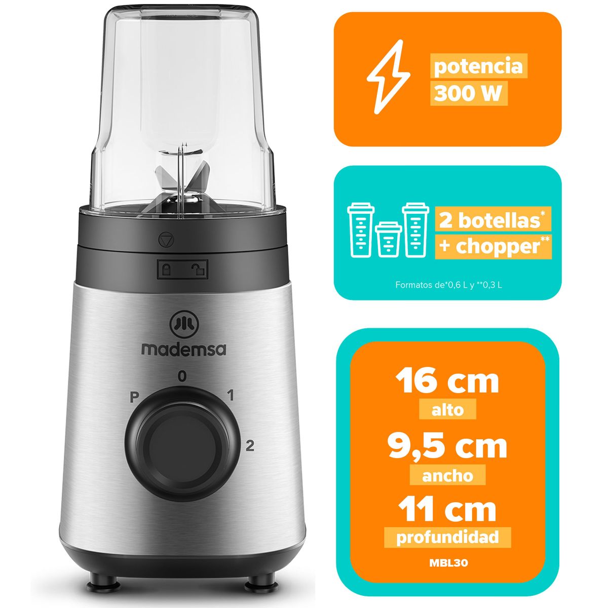 MADEMSA - Licuadora Portátil Mademsa con 2 velocidades y botellas 300W MBL30 Acero Inoxidable