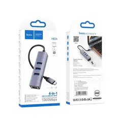 HOCO - Hub HB34 4 en 1 USB-C a RJ45 Gigabit 1000Mbps