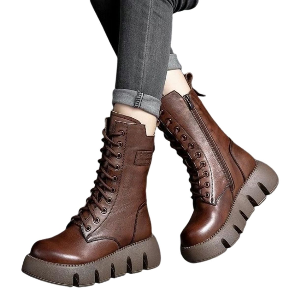 BLWOENS - Botas largas con plataforma y cordones para Mujer-Café