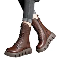 BLWOENS - Botas largas con plataforma y cordones para Mujer-Café