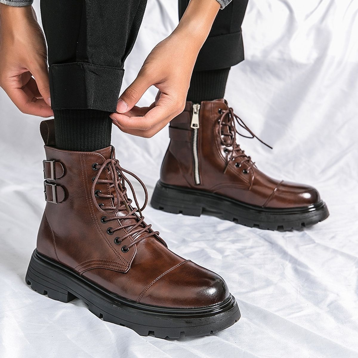 BLWOENS - Botas con plataforma y cordón para Hombre-Café