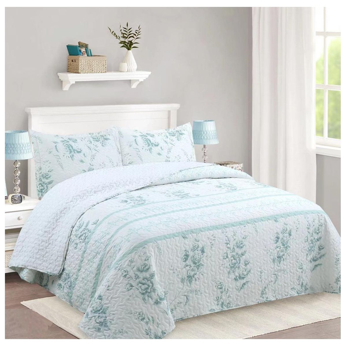 COMPRAPO - Cubrecama Quilt Sherpa 2 Plazas Mod Flor Menta + 2 Fundas 50x70 Cm