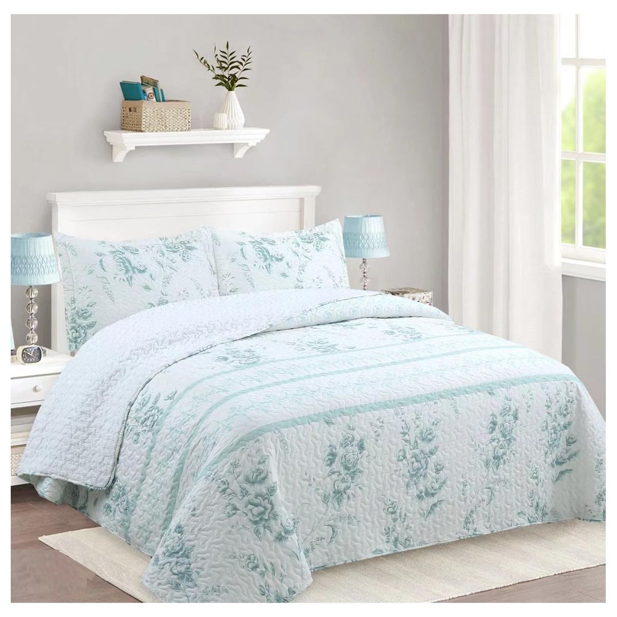 COMPRAPO - Cubrecama Quilt Sherpa 2 Plazas Mod Flor Menta + 2 Fundas 50x70 Cm