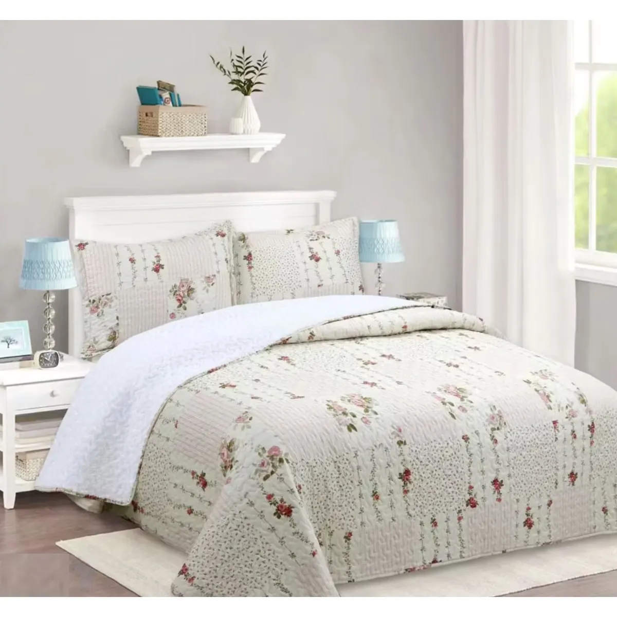 COMPRAPO - Cubrecama Quilt Sherpa 2 Plazas Flor Delicatesse + 2 Fundas 50x70 Cm