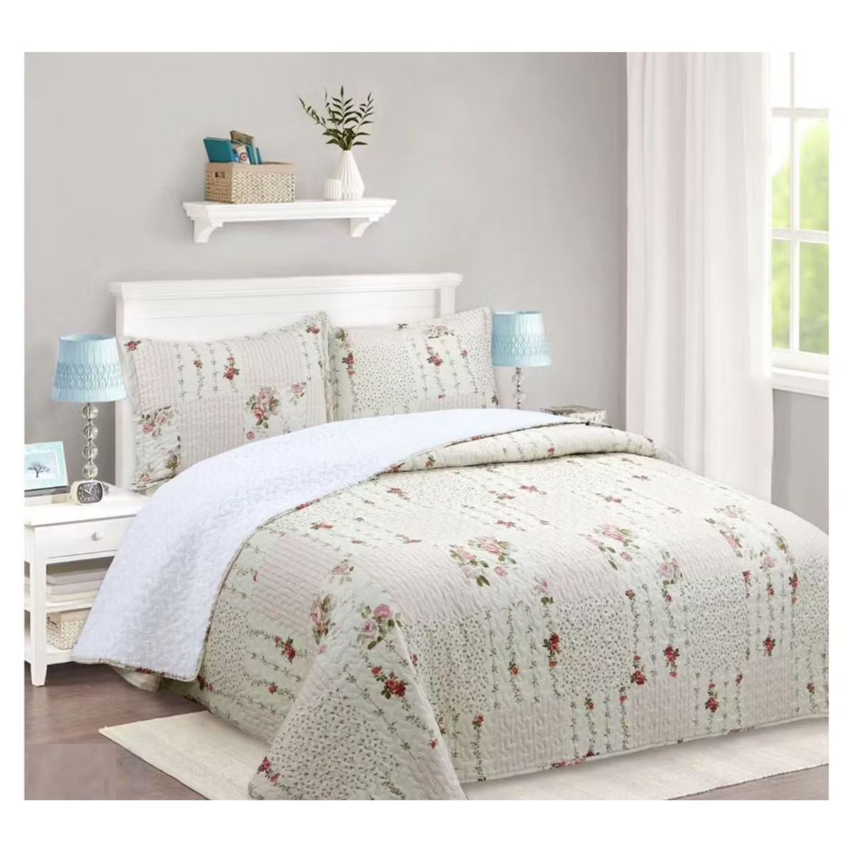 COMPRAPO - Cubrecama Quilt Sherpa 2 Plazas Flor Delicatesse + 2 Fundas 50x70 Cm