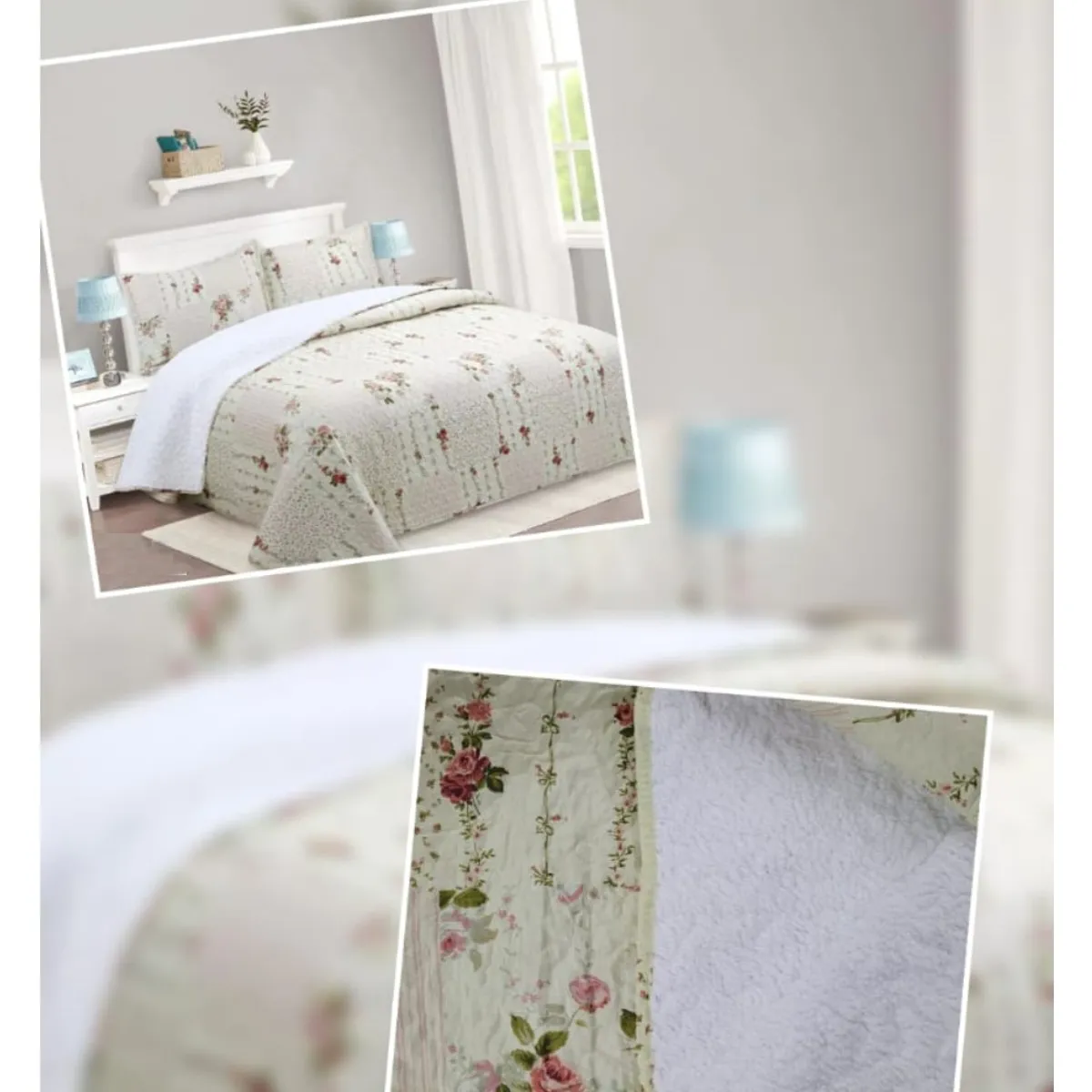 COMPRAPO - Cubrecama Quilt Sherpa 2 Plazas Flor Delicatesse + 2 Fundas 50x70 Cm