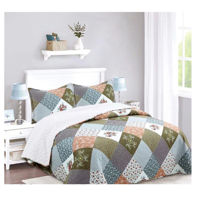 COMPRAPO - Cubrecama Quilt Sherpa 2 Plazas Mod. Patch Tierra + 2 Fundas 50x70 Cm.