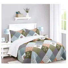 COMPRAPO - Cubrecama Quilt Sherpa 2 Plazas Mod. Patch Tierra + 2 Fundas 50x70 Cm.