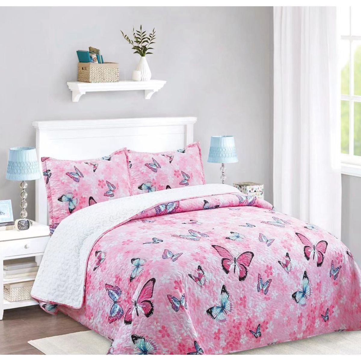 COMPRAPO - Cubrecama Quilt Sherpa 2 Pzas Mod. Mariposas Pink + 2 Fundas 50x70 Cm.