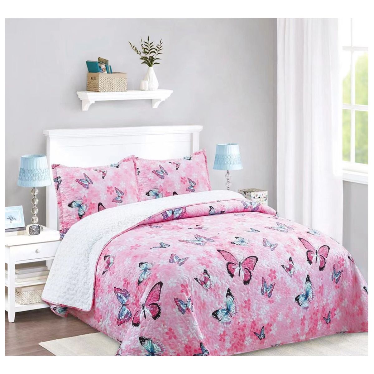 COMPRAPO - Cubrecama Quilt Sherpa 2 Pzas Mod. Mariposas Pink + 2 Fundas 50x70 Cm.