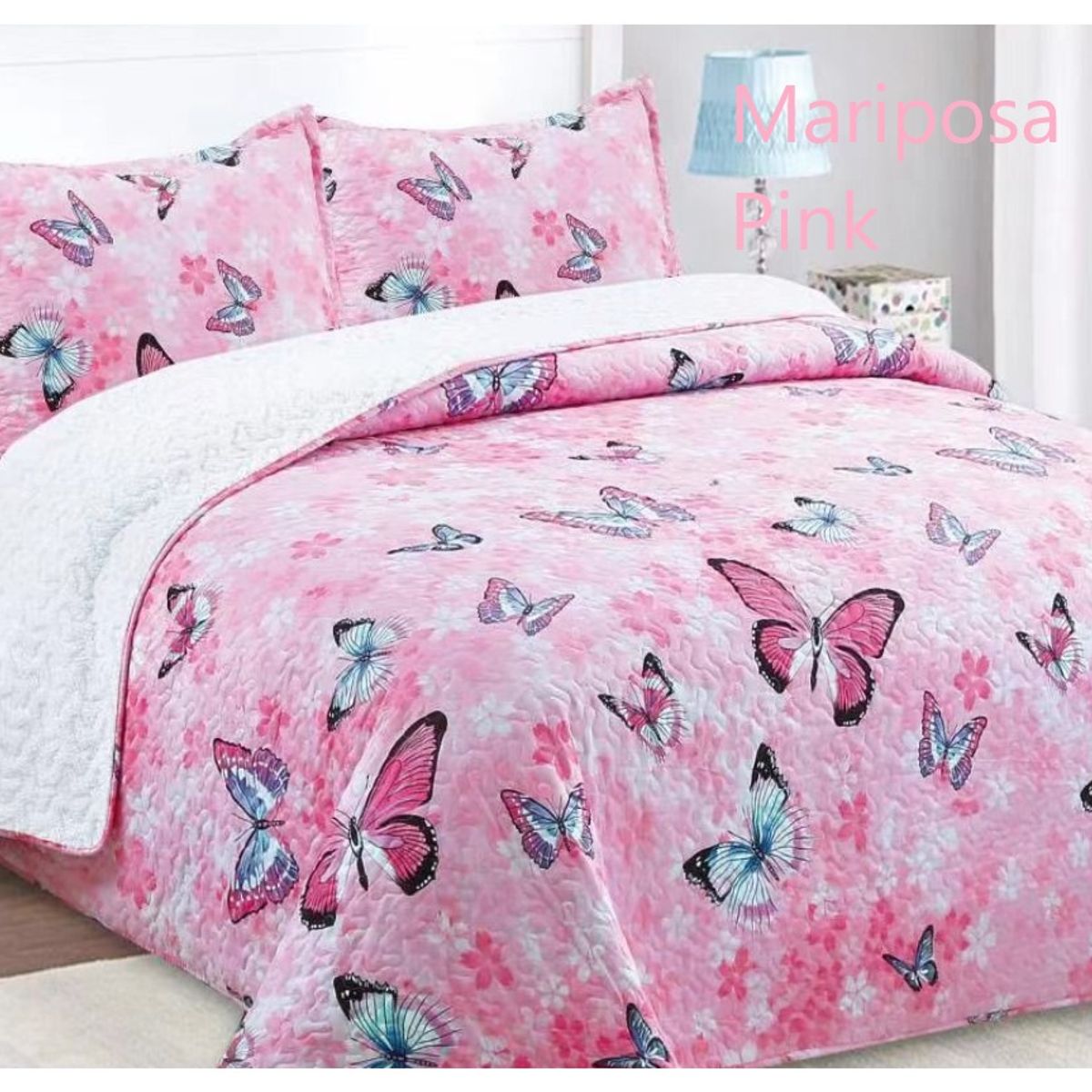 COMPRAPO - Cubrecama Quilt Sherpa 2 Pzas Mod. Mariposas Pink + 2 Fundas 50x70 Cm.