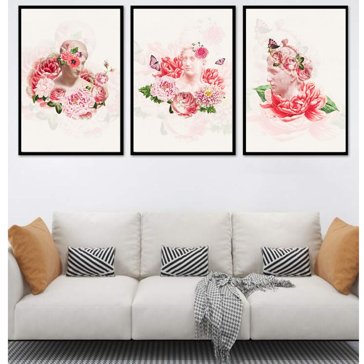 GENERICO - Cuadros Decorativos Escultura Griega Con Flores Pack X 3 Uds. 35x50 Cm C/u