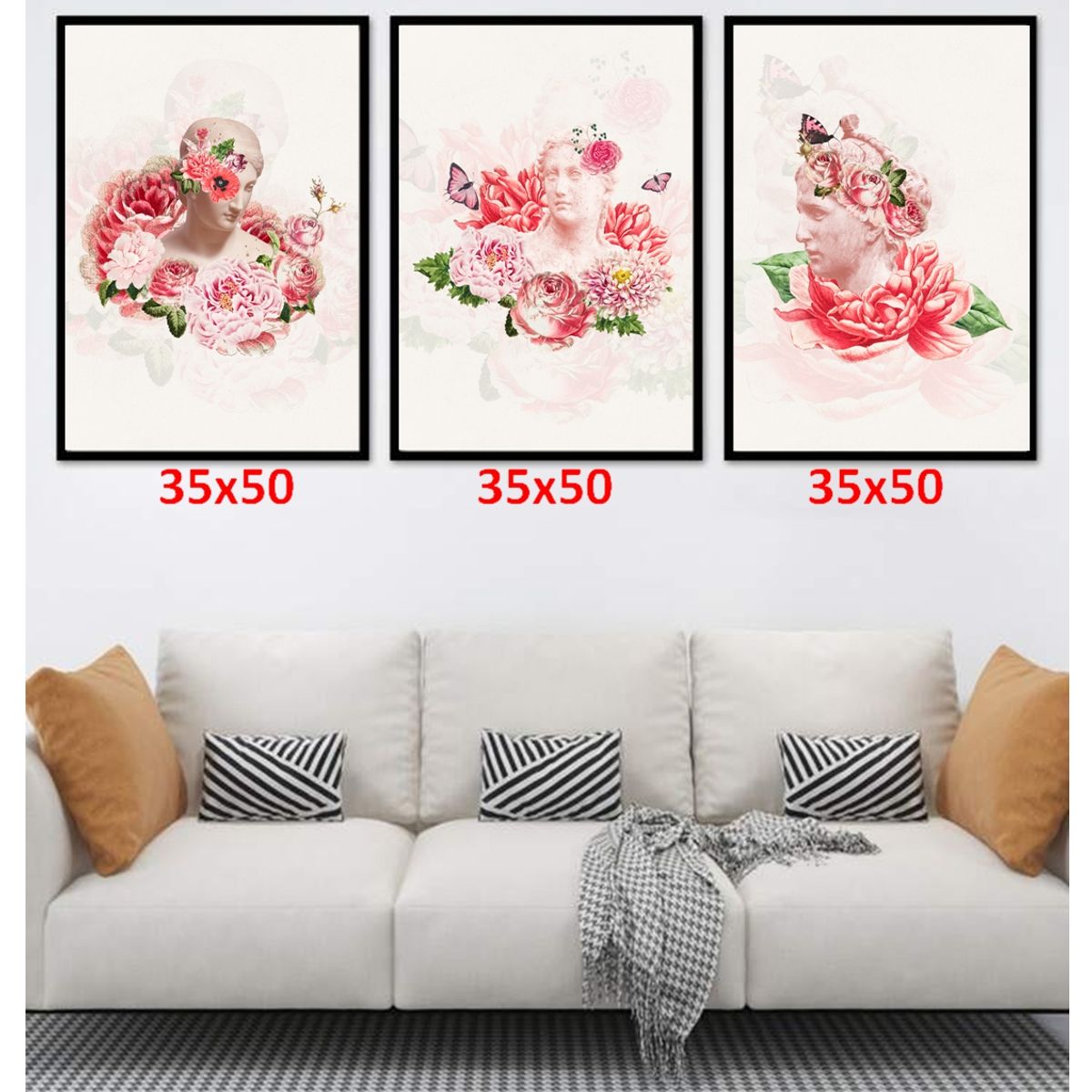 GENERICO - Cuadros Decorativos Escultura Griega Con Flores Pack X 3 Uds. 35x50 Cm C/u