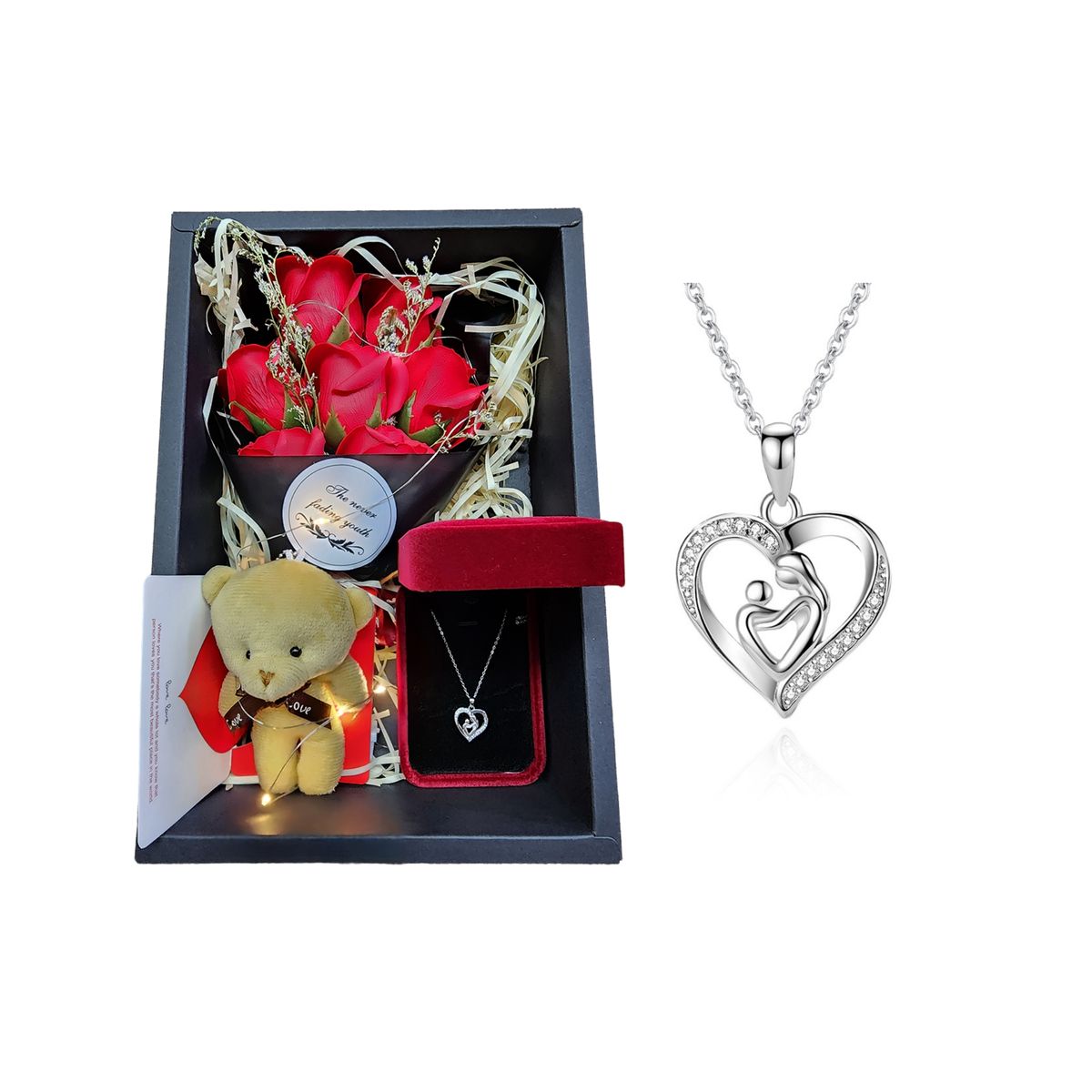 ZG JOYAS - Collar Plata 925 Corazón Madre Hijo/a Regalo Mamá Caja Rosas Peluche