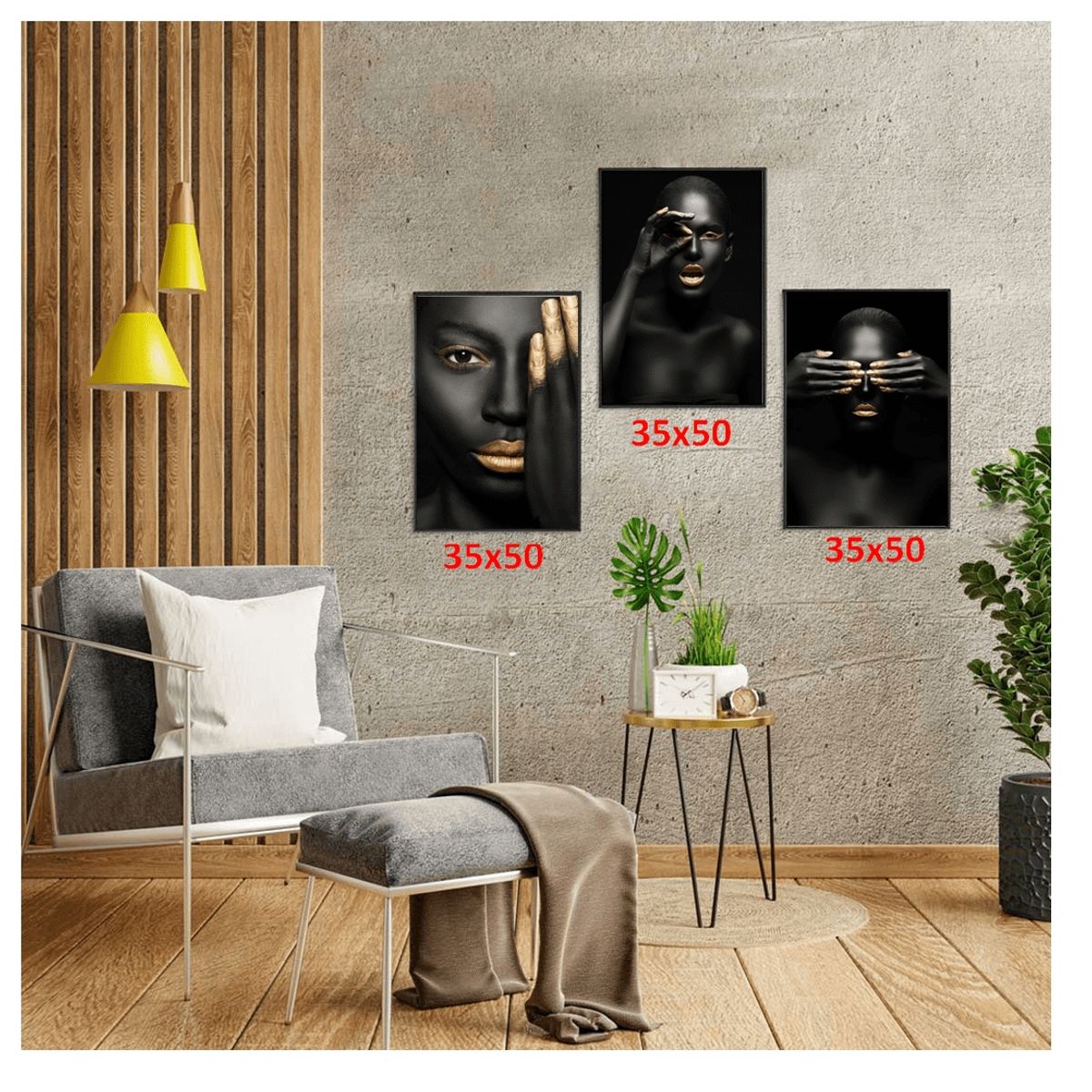 GENERICO - Cuadros Decorativos Mujer Africana Negra Pack X 3 Uds. 35x50 Cm C/u