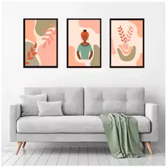 GENERICO - Cuadros Decorativos Flores y Mujer Negra Pack X 3 Uds. 35x50 Cm C/u