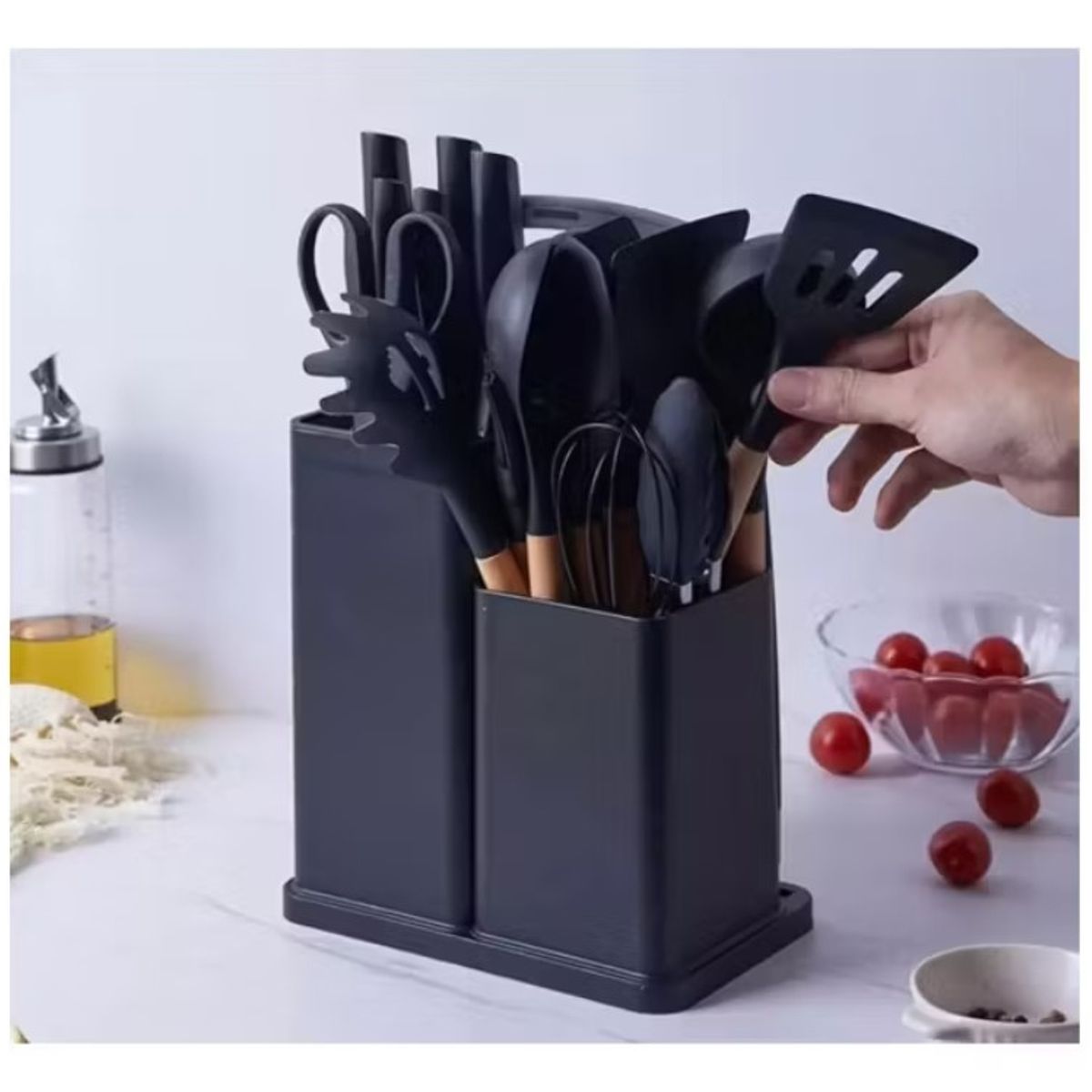 GENERICO - Set Utensilios De Silicona Mango Madera Color Negro 19 Piezas