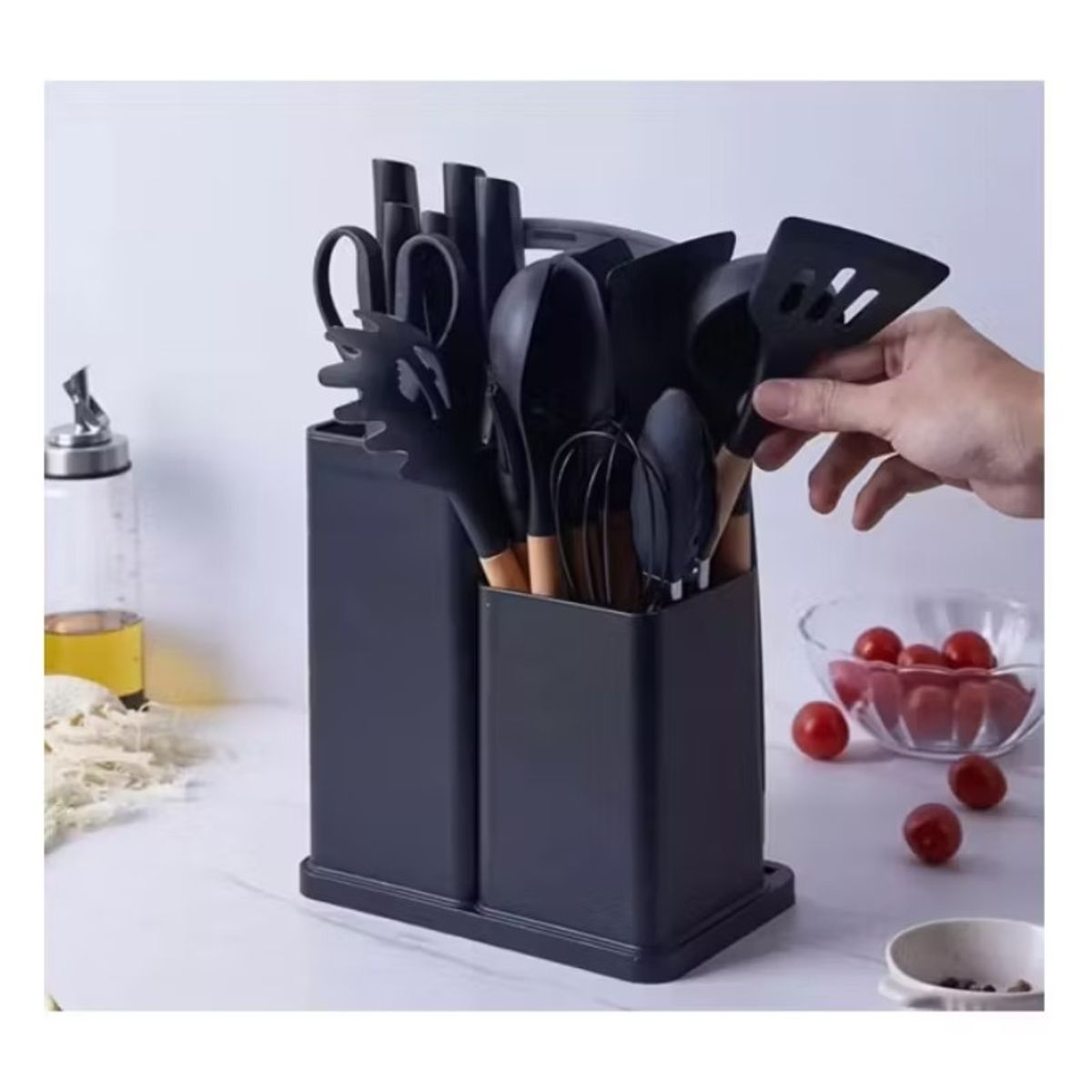 GENERICO - Set Utensilios De Silicona Mango Madera Color Negro 19 Piezas