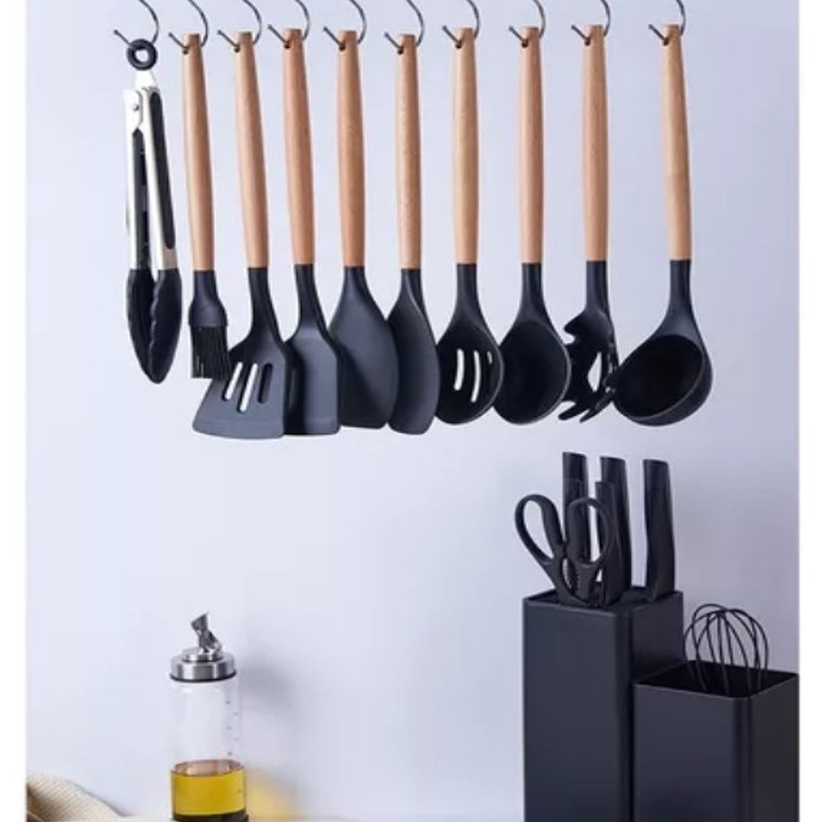 GENERICO - Set Utensilios De Silicona Mango Madera Color Negro 19 Piezas