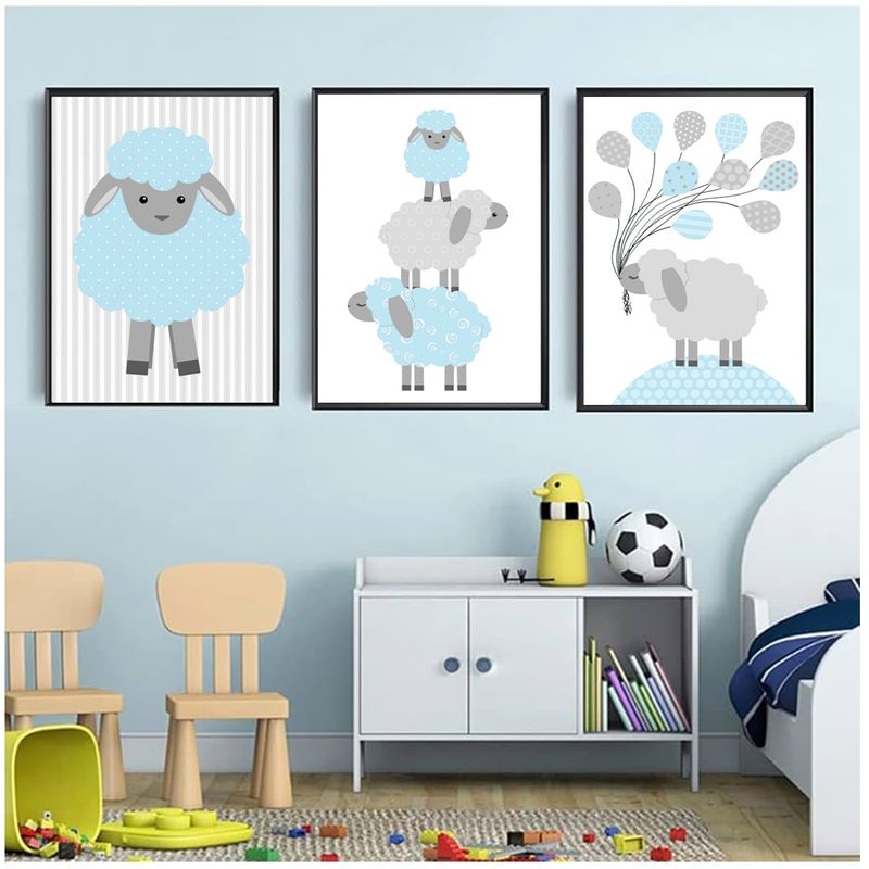GENERICO - Cuadros Decorativos Para Niños Ovejita Azul Pack X 3 Uds 35x50 Cm C/u