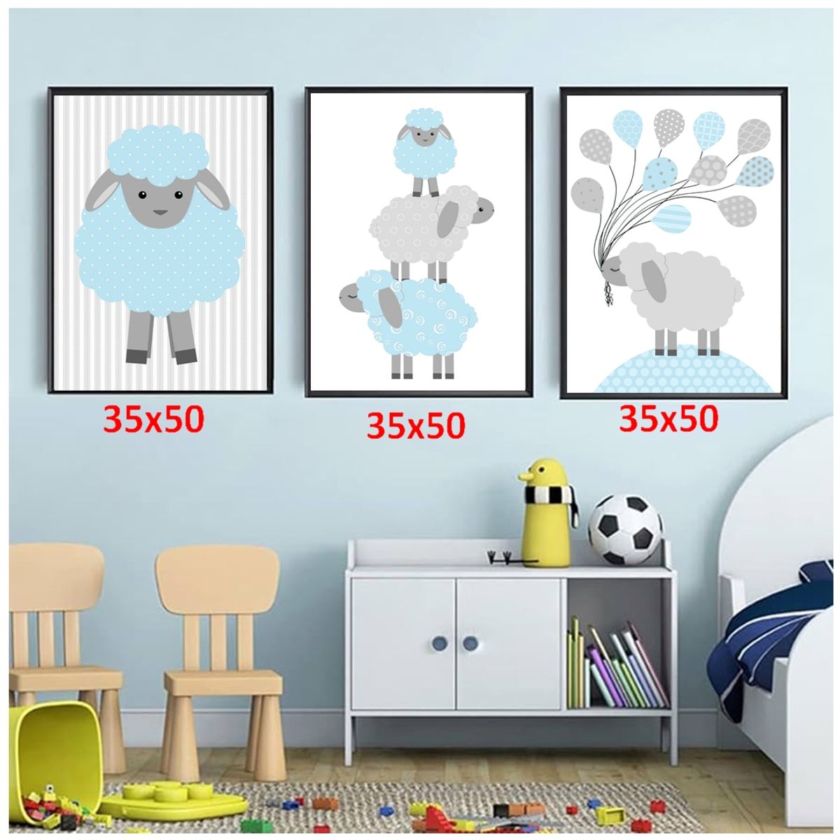 GENERICO - Cuadros Decorativos Para Niños Ovejita Azul Pack X 3 Uds 35x50 Cm C/u
