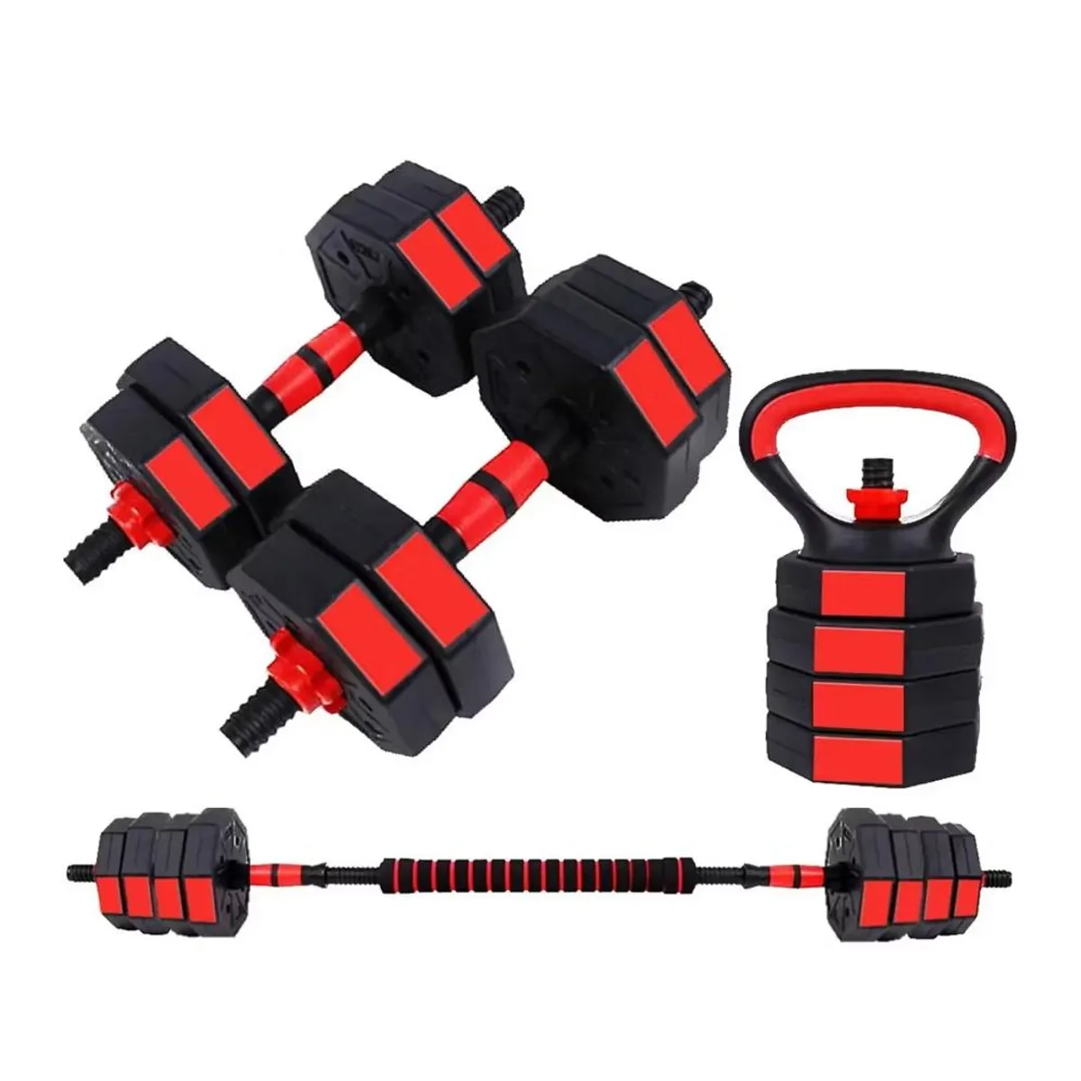 DETODOYMAS - Set Mancuernas Ajustables 15kg 3 En 1 + Barra + Kettlebell - Negro
