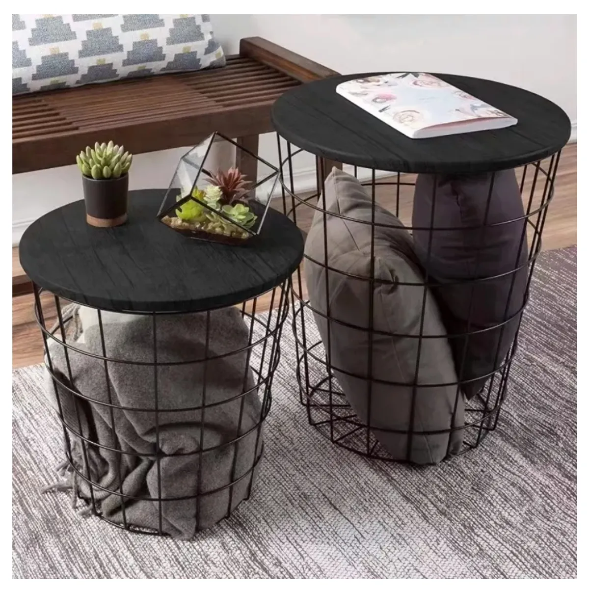 HOMER DESIGN - Juego 2 Mesa De Centro Lateral Organizador living Canasto negros…