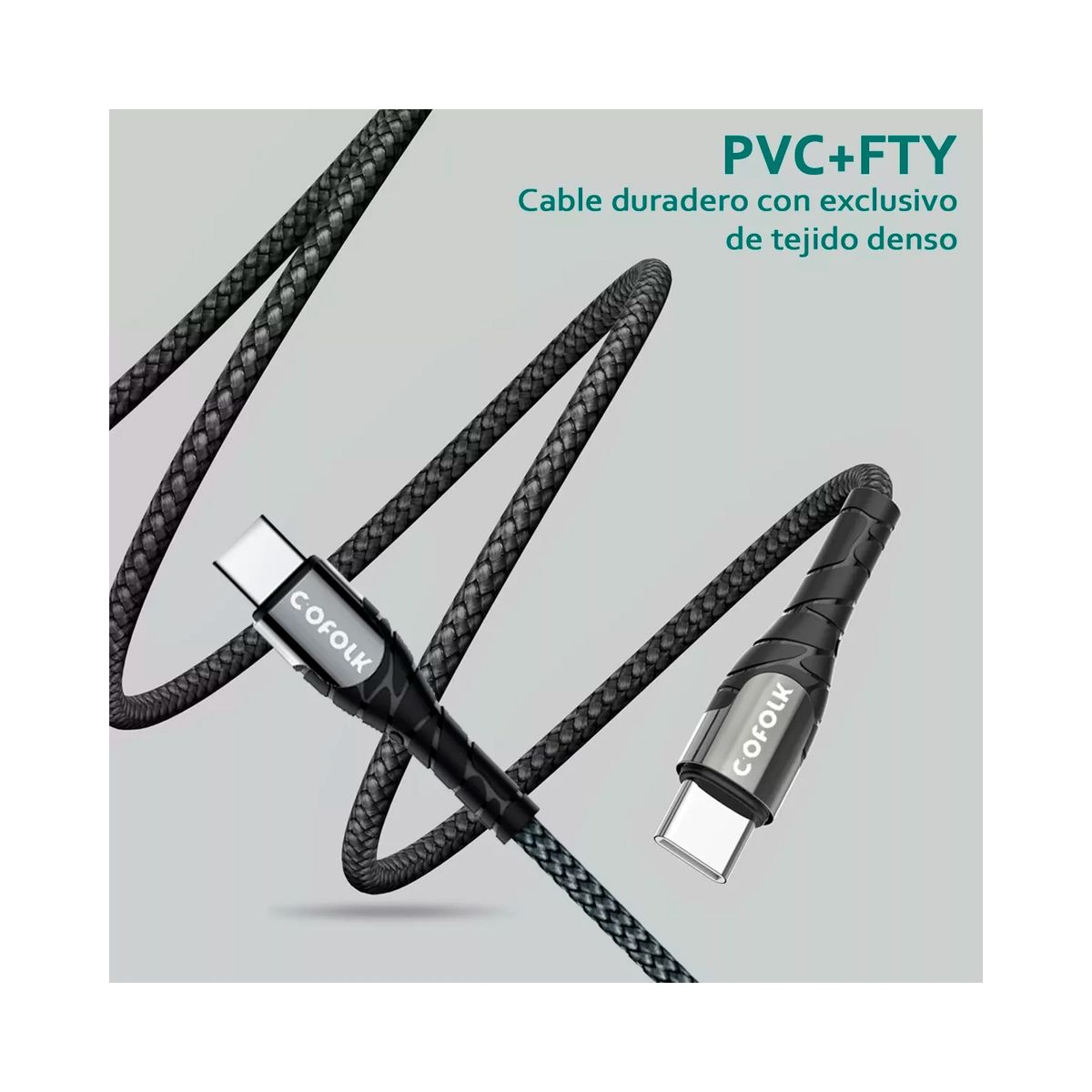 GENERICO - Cable De Carga Usb C A Usb C Pd 65w 2 Metros - Cofolk Color Gris