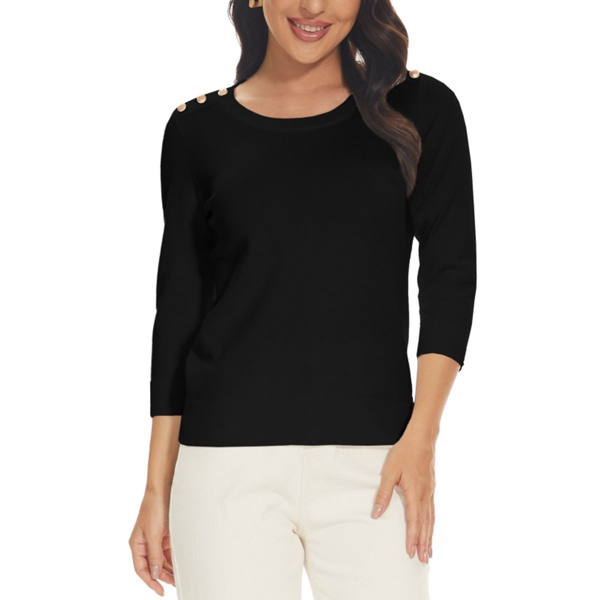 MOSS ROSE - Jersey de mujer con cuello redondo y manga tres cuartos