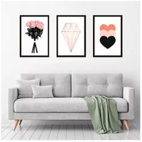 Cuadros Decorativos Rosa Diamante Corazón Pack X 3 Uds 35x50 Cm C/u