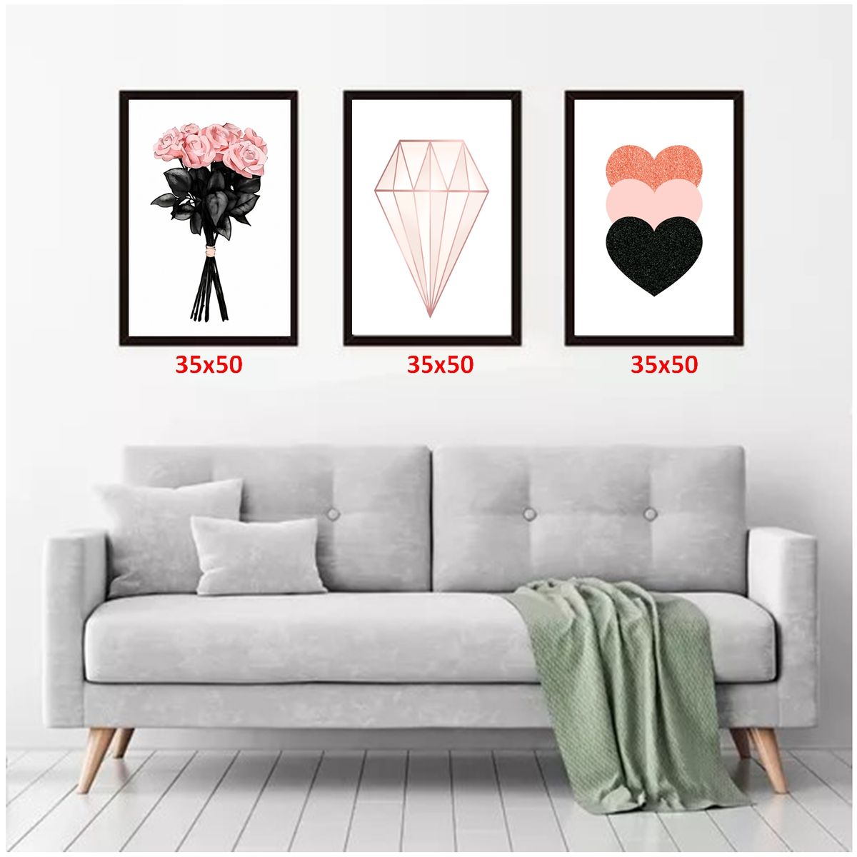 GENERICO - Cuadros Decorativos Rosa Diamante Corazón Pack X 3 Uds 35x50 Cm C/u