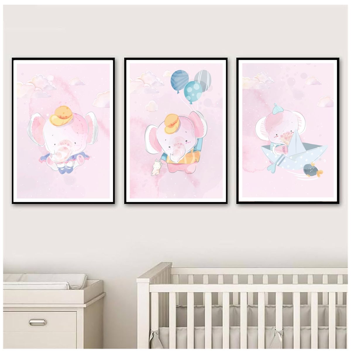 GENERICO - Cuadros Decorativos Para Niña De Elefante  Pack X 3 Uds 35x50 Cm C/u