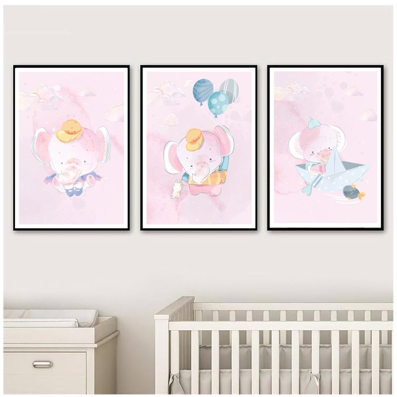 GENERICO - Cuadros Decorativos Para Niña De Elefante  Pack X 3 Uds 35x50 Cm C/u