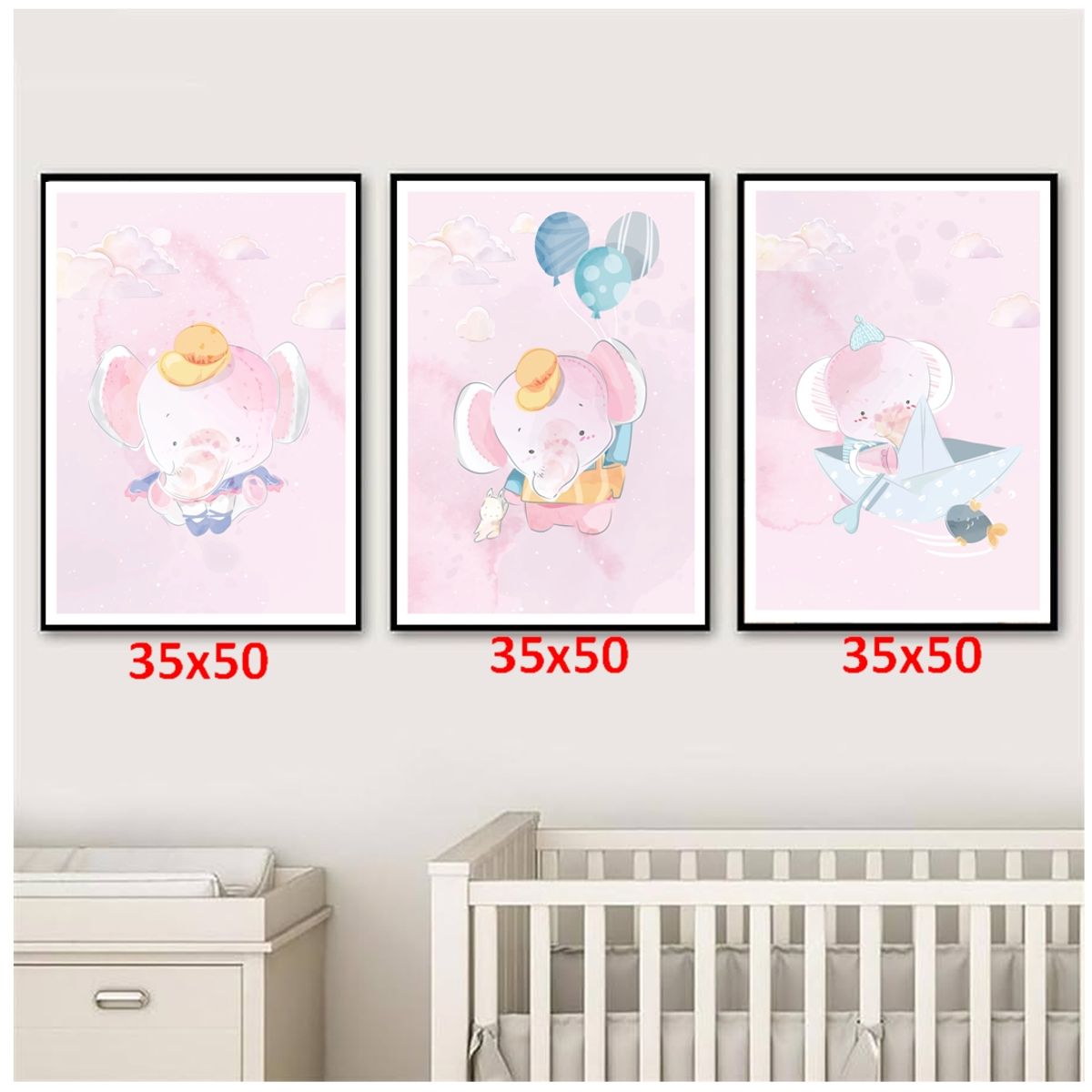 GENERICO - Cuadros Decorativos Para Niña De Elefante  Pack X 3 Uds 35x50 Cm C/u