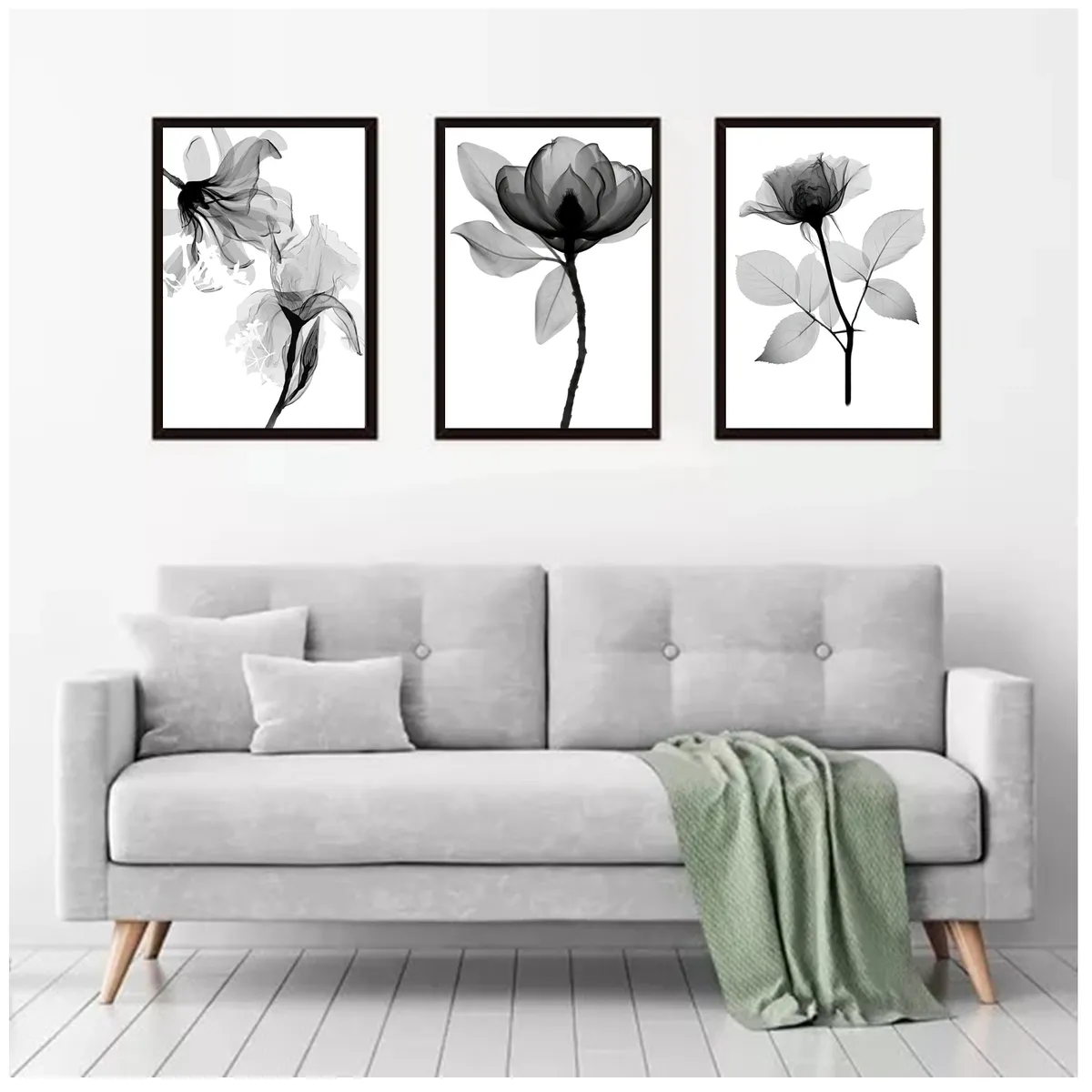 GENERICO - Cuadros Decorativos Rosas Blanco y Negro Pack X 3 Uds. 35x50 Cm C/u