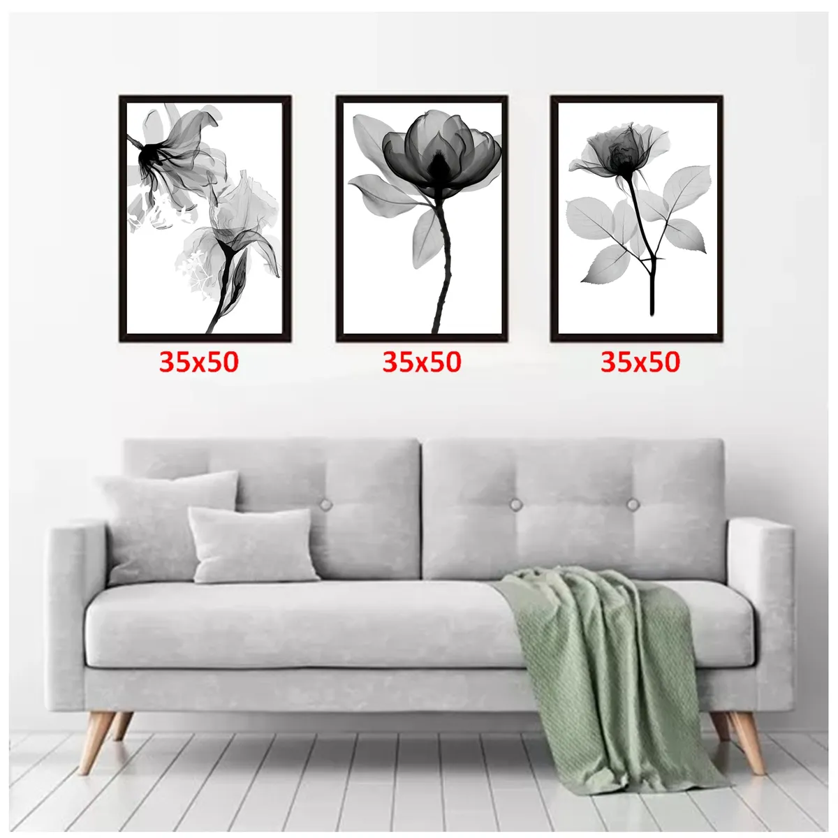 GENERICO - Cuadros Decorativos Rosas Blanco y Negro Pack X 3 Uds. 35x50 Cm C/u