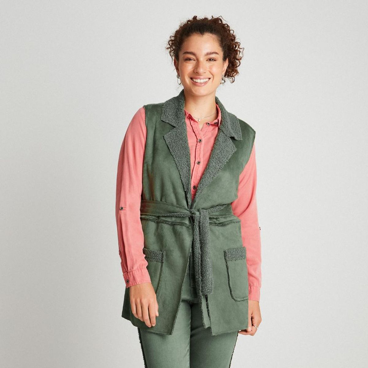 CURVI - Chaqueta Sin Mangas Bonded Forrada Verde Mujer Curvi