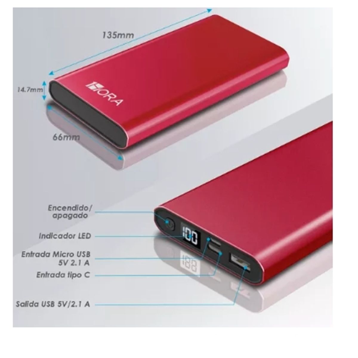 GENERICO - Power Bank Brillo Metálico Batería Portátil 10000mah 21a Color Rojo