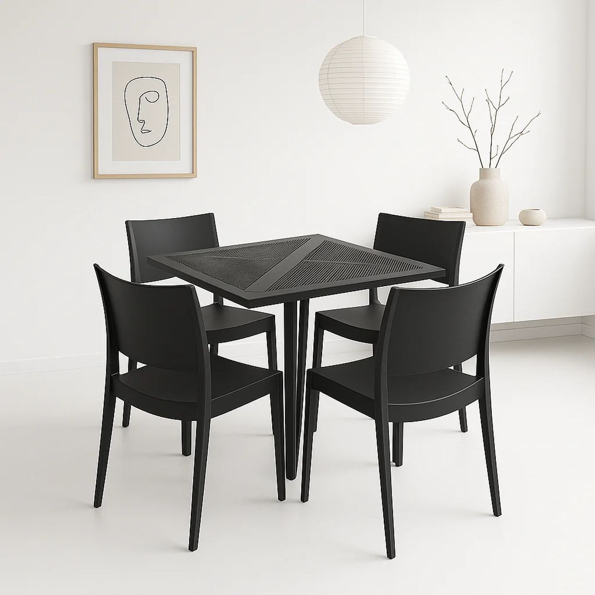 KLIK - Mesa restaurant 80x80 Polipropileno + 4 Sillas de Restaurante Negra