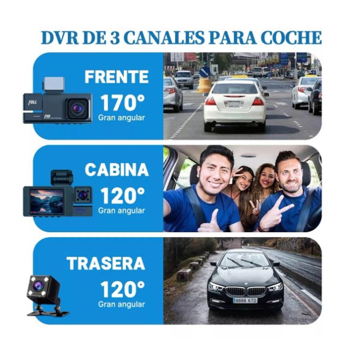 GENERICO - Camara De Auto Seguridad 1080p Hd Gran Angular 170°3 Cámaras